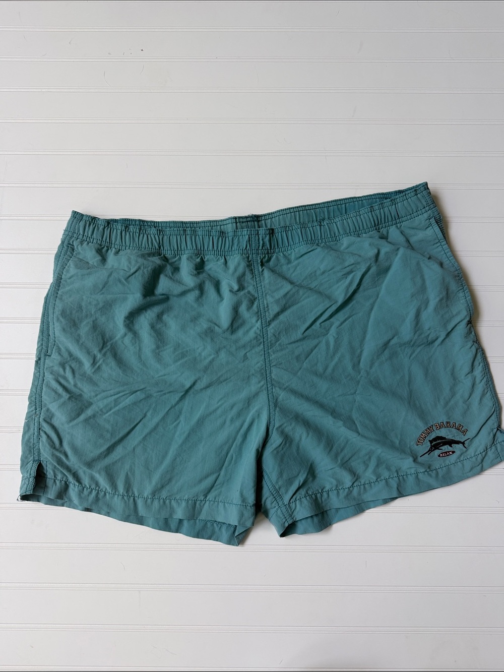 (361)Vintage Tommy Bahama Relax Swim Trunks Men’s L Aqua Blue Nylon Mesh Lined